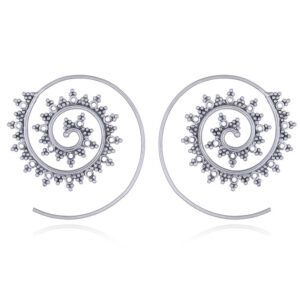A pair of silver spiral earrings open sunburst
