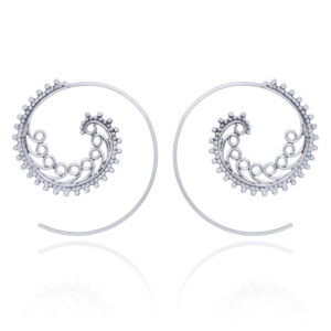A pair of silver spiral earrings rows of dots and twirls