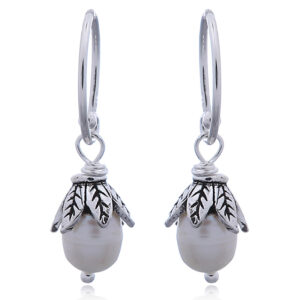 A pair of pearl with silver leaf crown dangle earrings