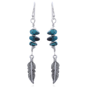 A pair of silver feather and turquoise dangle earrings