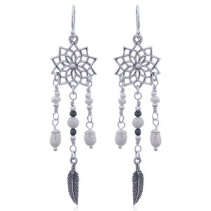 A pair of silver lotus flower earrings with freshwater pearls