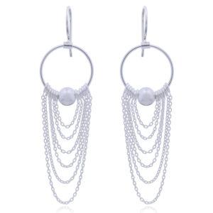 A pair of chains threading silver chandelier earrings