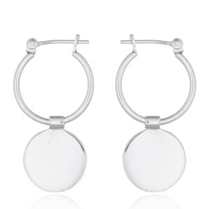 A pair of silver hoop earrings with polished plain disc