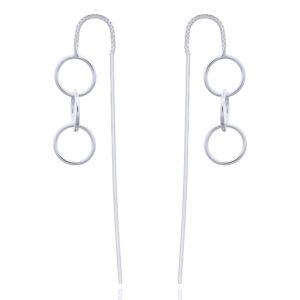 A pair of hanging triplet circles in silver stick thread earrings