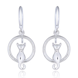 A pair of kitty cat in full moon silver dangle earrings