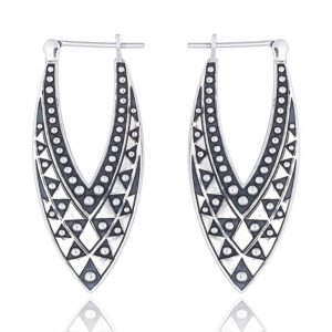 A pair of artisan elliptical silver hoop earrings