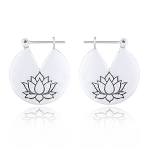 A pair of lotus plate sterling silver hoop earrings