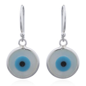 A pair of evil eye mother of pearl circle sterling silver dangle earrings