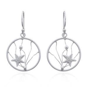 A pair of starfish in wire ocean wave silver earrings