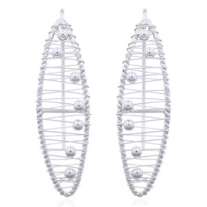 A pair of spinning balls in wire closed up marquise rhodium plated drop earrings