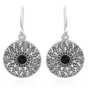 A pair of sun mandala ethnic black stone 925 silver dangler earrings