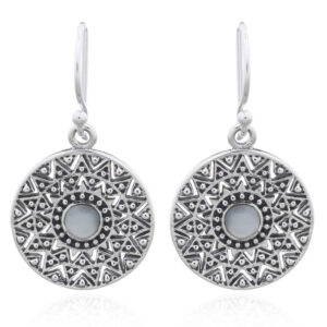 A pair of sun mandala ethnic mother of pearl 925 silver dangler earrings