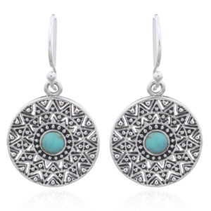 A pair of sun mandala ethnic green stone 925 silver dangler earrings