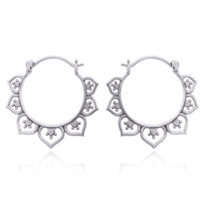 A pair of ethnic silver lotus flower hoop earrings