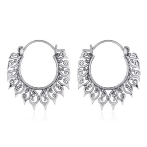 A pair of bohemian silver hoop earrings pointed spirals