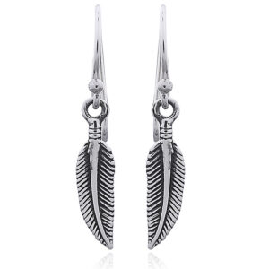 A pair of oxidized silver tribal feather dangle earrings