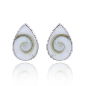 A pair of drop-shaped sterling silver shiva eye shell stud earrings