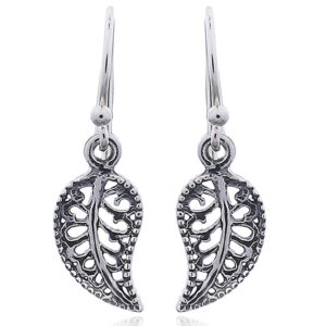 A pair of tiny beaded edge sterling silver leaf dangle earrings