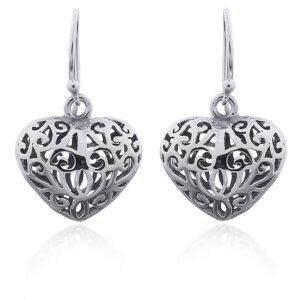 A pair of vintage style hearts ajoure silver puffed dangle earrings