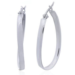 A pair of sterling silver shiny ovate shaped hoop earrings