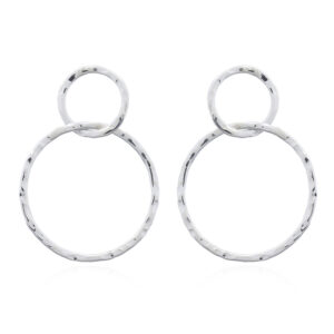 A pair of hammered circles double hanging silver stud earrings