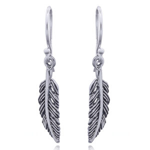 A pair of oxidized 925 silver feather dangle earrings