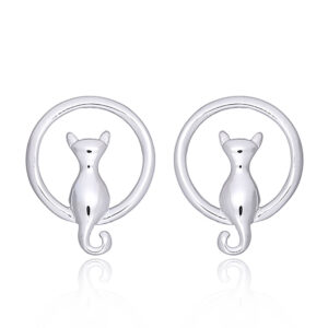 A pair of lonely kitty in crescent moon silver stud earrings
