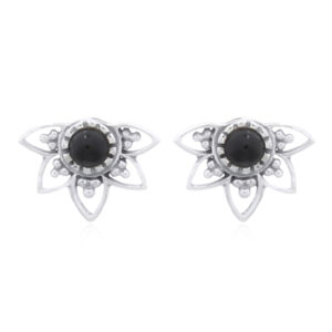 A pair of synthetic black agate in lotus silver stud earrings