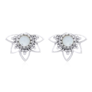 A pair of mother of pearl in lotus silver stud earrings