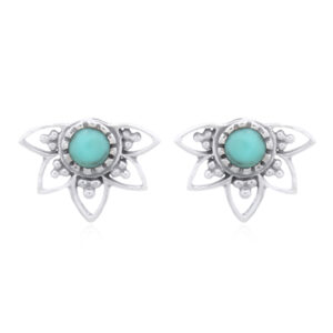 A pair of synthetic turquoise in lotus silver stud earrings