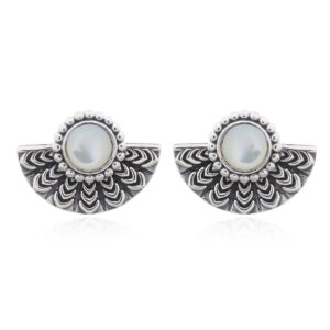 A pair of mother of pearl bohemian tribal fan stud 925 silver earrings