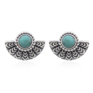 A pair of bohemian tribal fan green stone stud 925 silver earrings