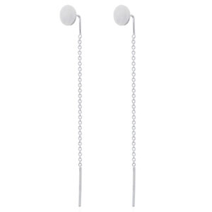 A pair of tiny circle disc chain threader earrings in sterling silver