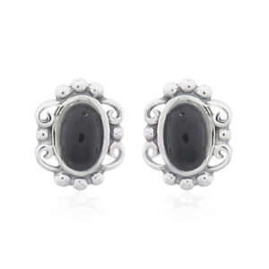 A pair of synthetic stone black oval filigree silver stud earrings
