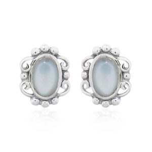 A pair of mother of pearl oval filigree silver stud earrings