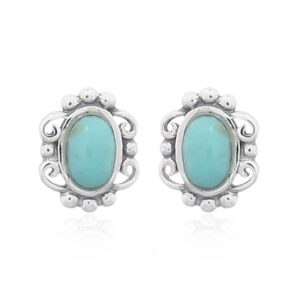 A pair of synthetic stone green oval filigree silver stud earrings