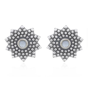A pair of mother of pearl sunflower silver oxidized stud earrings