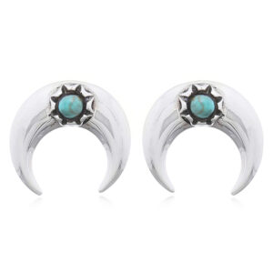 A pair of crescent moon stud earrings with synthetic green stone