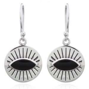 A pair of eye shape black stone dangle 925 silver earrings