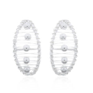 A pair of spinning balls in wire closed up silver stud earrings