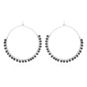 A pair of black agate stones circle silver wire hoop earrings