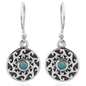 A pair of tribal disc sterling silver green stone dangle earrings