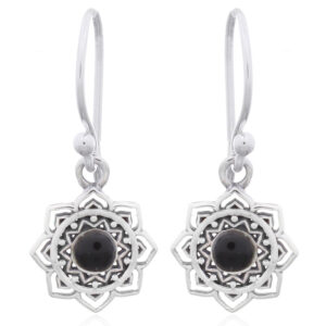 A pair of mandala flower with black stone silver earrings