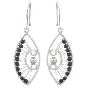 A pair of black agate marquise designed dangle silver earrings