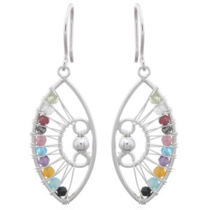 A pair of multi-colored stones marquise designed dangle silver earrings
