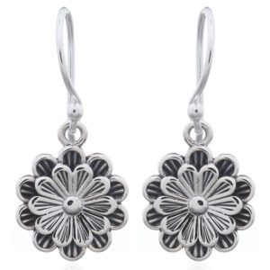 A pair of lovely ornamented flower dangle sterling silver earrings