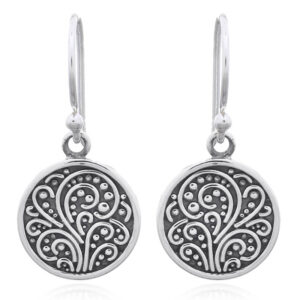 A pair of stunning ornamented disc dangle sterling silver