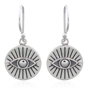 A pair of tribal evil eye disc dangle sterling silver earrings