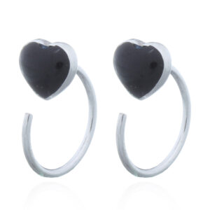 A pair of heart synthetic stone black sterling silver huggie drop earrings