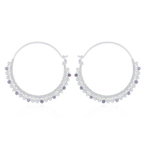A pair of amethyst and spheres threaded silver hoop earrings